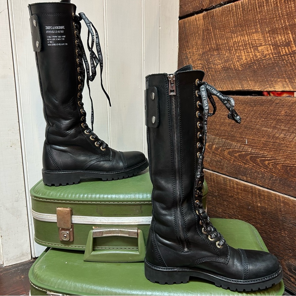 Zadig & Voltaire Goth / Industrial Leather Lace Up Tall Combat Moto Boots 37 - Picture 5 of 13